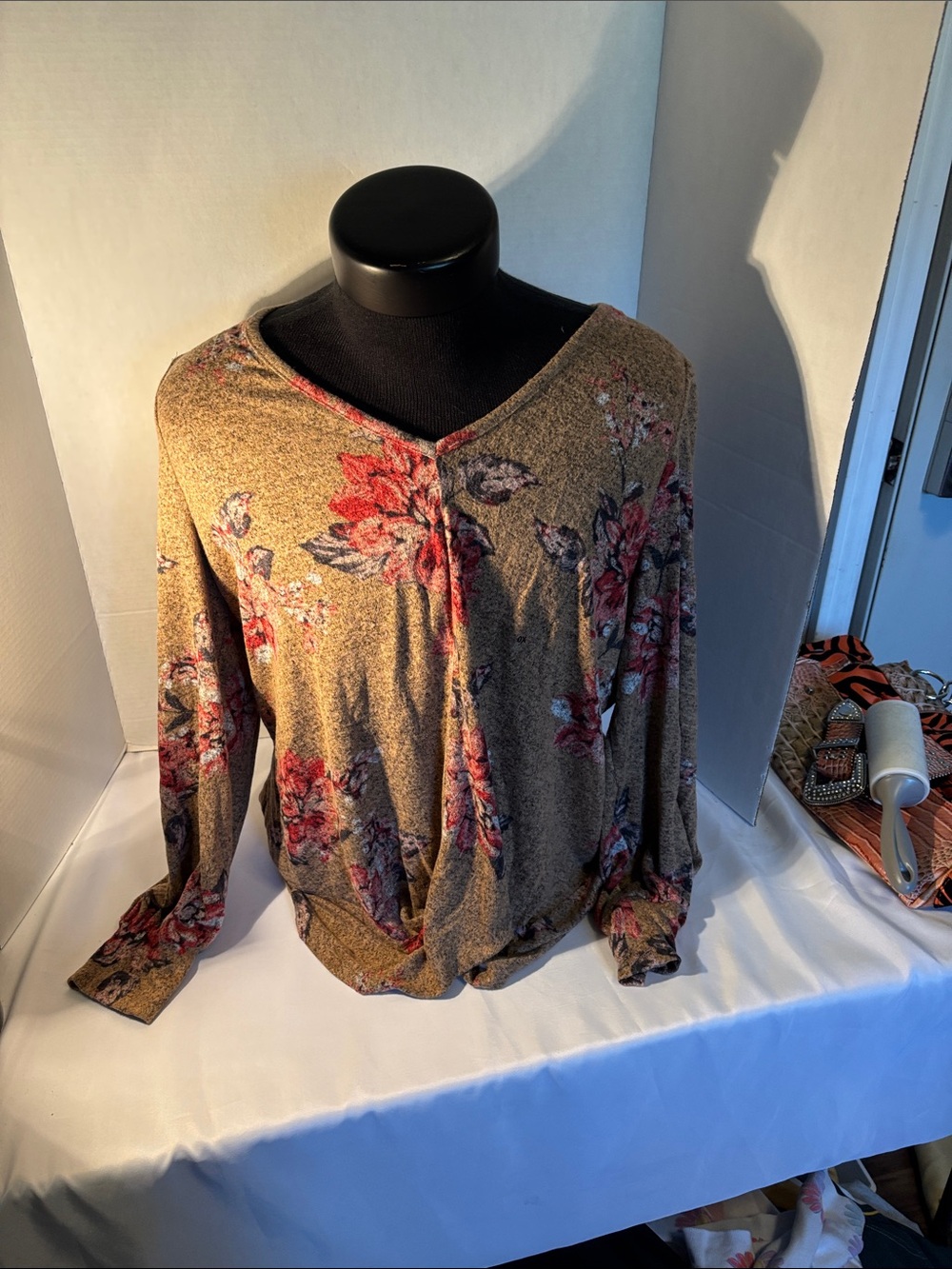 Maurices Olive Long Sleeve V-Neck Top with Rose Print